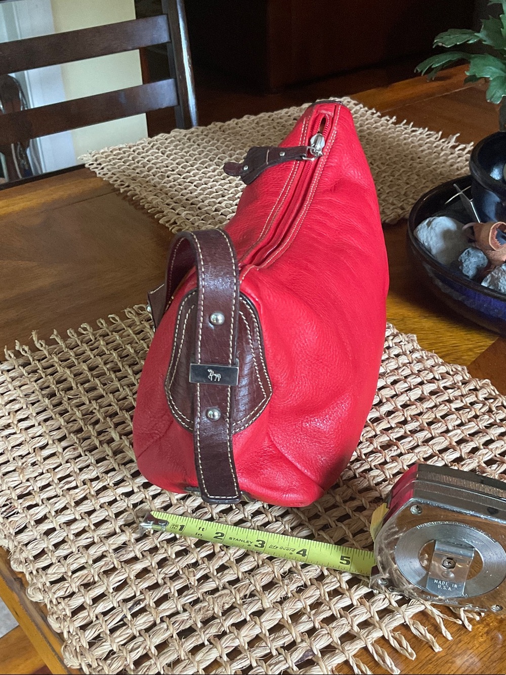 Petusco Red Leather Shoulder Bag with Brown Trim , classic shoulder bag - Picture 2 of 11